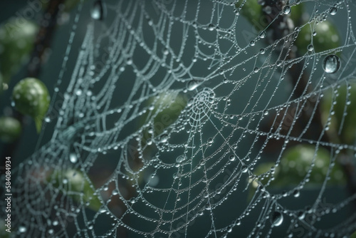 A spider web covered in dew drops closeup shot nature wallpaper made by generative ai