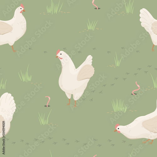 Białe kury na zielonej łące. Szczęśliwe kury skubiące trawę na wolnym wybiegu. Wzór powtarzalny. Ilustracja wektorowa.