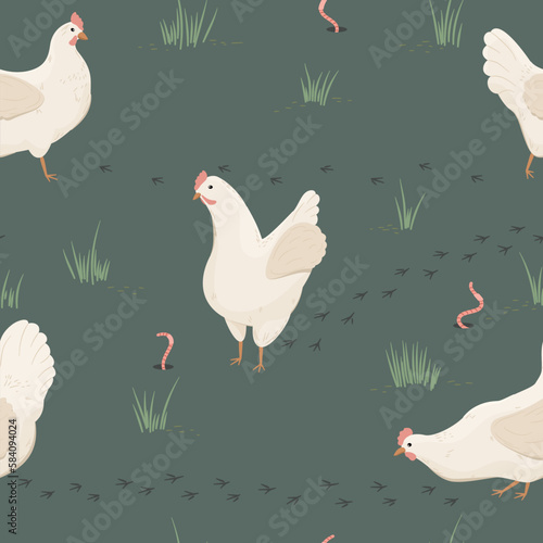 Białe kury na zielonej łące. Szczęśliwe kury skubiące trawę na wolnym wybiegu. Wzór powtarzalny. Ilustracja wektorowa. 