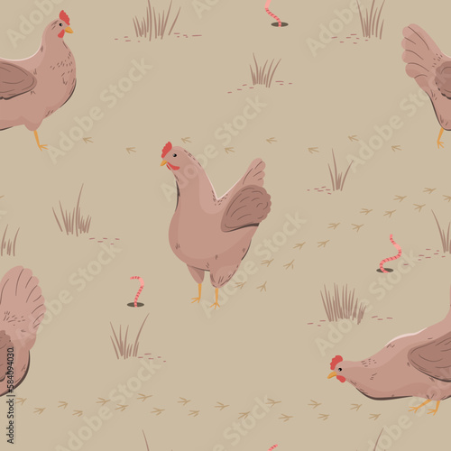 Brązowe kury i dżdżownice. Szczęśliwe kury skubiące trawę na wolnym wybiegu. Wzór powtarzalny. Ilustracja wektorowa.