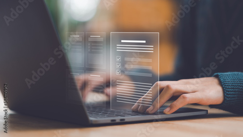 Businessman showing online document validation icon, Concepts of practices and policies, company articles of association Terms and Conditions, regulations and legal advice, corporate policy