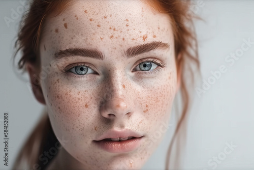 Portrait of woman with blue eyes and freckles. Generative Ai