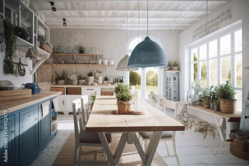 White and blue wooden rural dining table. Kitchen, pendant lighting, window. Scandinavian bohemian decor,. Generative AI