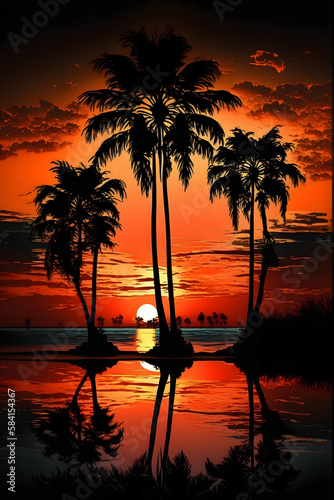 Tropical Beach Sunset with Palm Trees: Nature's Beauty Silhouette Illustration