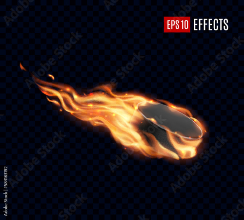 Ice hockey puck with fire flames, isolated vector on transparent background. Sport game or ice hockey black puck flying to goal with hot burning fire for hockey league match or championship