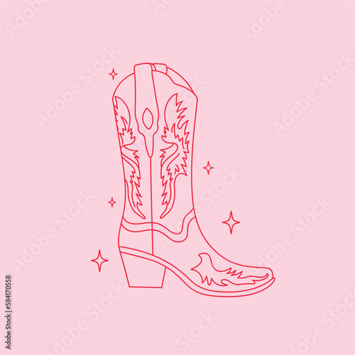 Retro Pink Cowgirl boot on pink background. Cowboy western and wild west theme. Hand drawn vector poster.