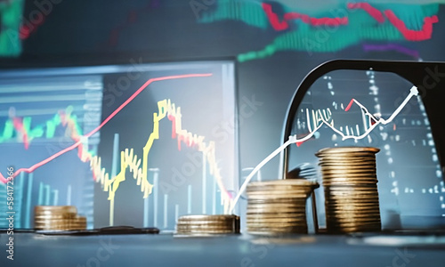 Financial Information on Country Background: Stacks of Coins with Charts, Graphs, and Stock Market Data