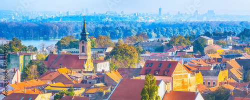 Belgrade, Serbia panoramic banner aerial city view of Zemun with church tower and river