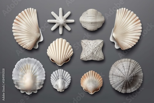 Flat lay arrangements of sea shells and other things collected on beaches. Generative ai