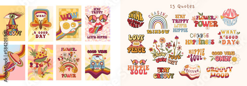 Groovy 70s retro lettering compositions kit, flowers, mushrooms and rainbow, love and peace hippie nostalgia positive vibes, optimistic quote for inspiration vector hand drawn art