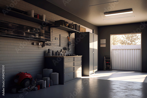 Garage storage room without car as digital illusration (Generative AI)