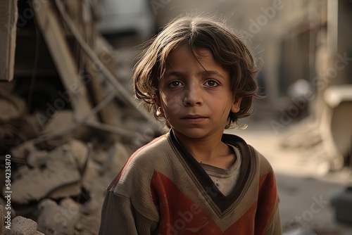 a sad boy standing in front of collapse buildings area, natural disaster or war victim, sorrow scenery idea for support children's right , especially Palestinian , Generative Ai