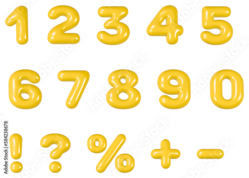 Set of 3d yellow rounded numbers and symbols on white background 