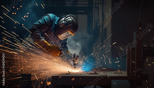 welder is welding metal , industry them bokeh and sparkle background, Generative Ai