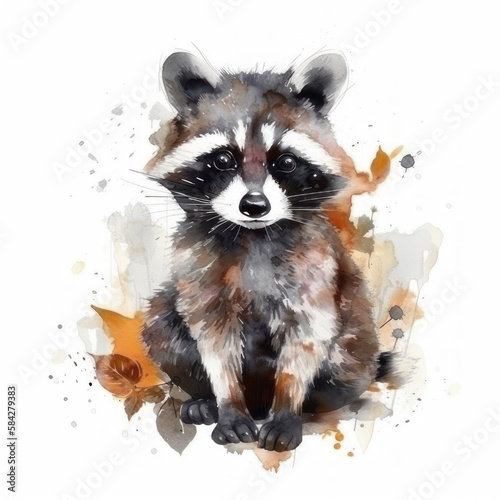Watercolor raccoon sits on a white background. AI generative.