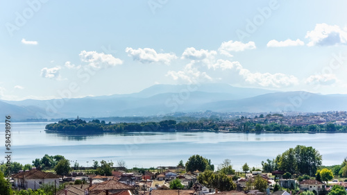 Panoramic view of city and Lake Ioannina or Lake Pamvotida Pamvotis Epirus Greece travel destination.