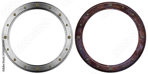 Two metal portholes with bolts isolated on white or transparent background, 3d illustration. Png.