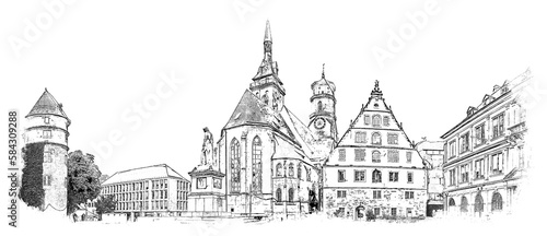 Schillerplatz is a square in the center of Stuttgart, Germany. It was created in its current form in honor of Friedrich Schiller, ink sketch illustration.