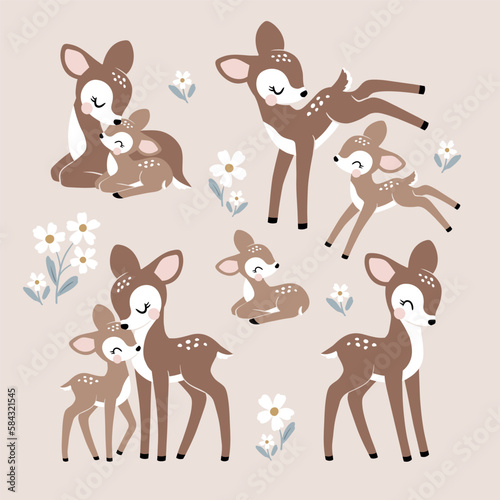 Cute vintage fawn mom and baby characters. Perfect for tee shirt logo, greeting card, sticker, poster, invitation or print design.