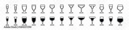 Drink glasses icons vector set. Alcohol glass types with editable stroke. Alcoholic cocktail glass icon sign and symbol in line and flat style. Liquor, beverages, bar, beer. Vector illustration