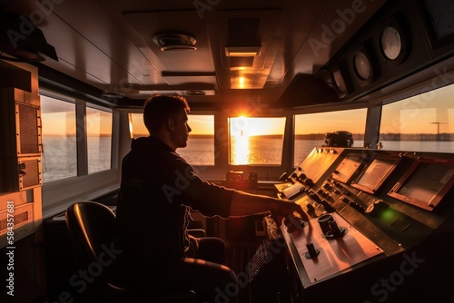 A cargo ship captain in the wheelhouse is responsible for navigating the ship through various waterways and ensuring the safe transportation of goods. AI generative