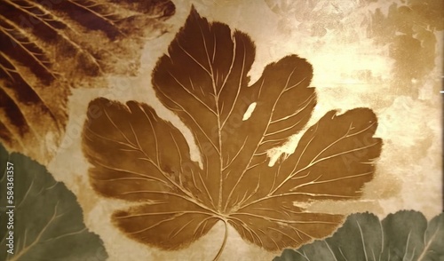  a painting of a leaf on a wall with a brown background. generative ai