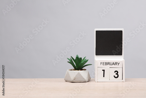 White wooden block monthly calendar with the date february 13 and plant on the table, gray background. Planning, business concept