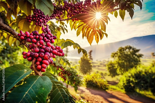 a big tree with arabica coffee beans. Generative AI