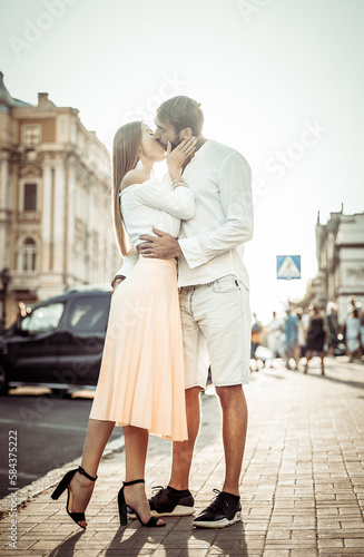 Loving couple kissing in the city. Romantic date