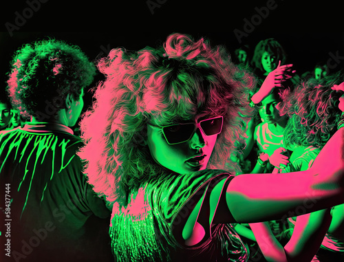 1980s pop art illustration of a blonde female dancer wearing sunglasses in a night club party on a fictional album cover, generative AI