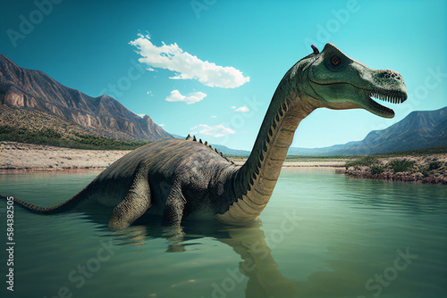 A dinosaur is swimming in a lake with mountains in the background AI Generative