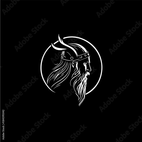 Nordic man head in helmet with horns emblem, Viking logo template, ancient warrior sign, medieval artisan of craftsman mascot. Vector illustration.