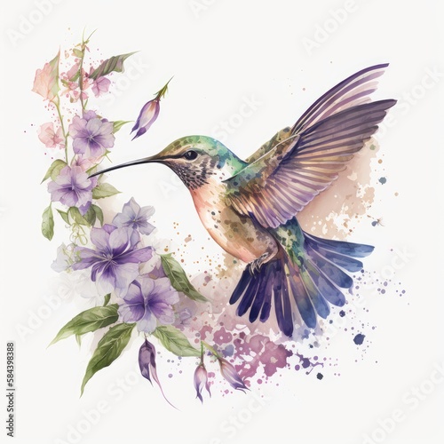 watercolor hummingbird flying and flowers , generative ai