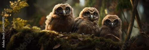 Beautiful and cute owlets in deep forest. Owl fledglings on mossy log. Birds illustration, wild nature outdoor background. Web banner template. Generated with AI.