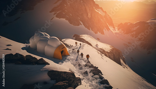 Tourist hiker camp with orange tents, transit point for climbing Everest, sun light. Generation AI