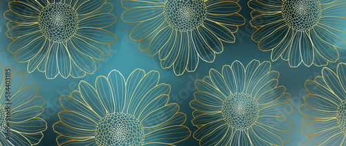 Vector luxury blue background with golden daisies for decor, covers, wallpapers, presentations