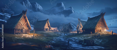 ai generative midjourney illustration of viking houses in a viking landscape in the dark