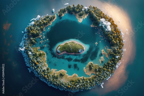 A lake in the middle of island in sea. Ai. Nature landscape. 