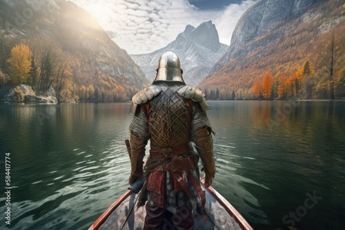 Landscape with viking warrior in armor, mountains and lake history and fantasy concept. Generative AI