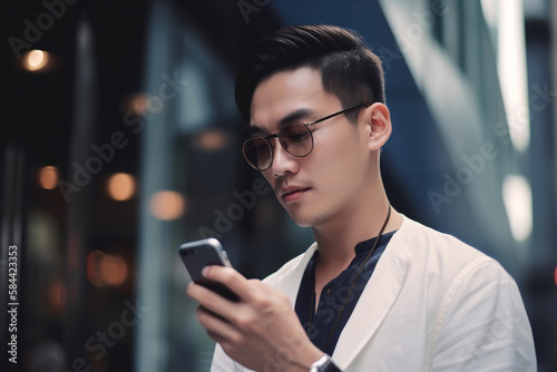 Asian man uses smartphone, young person holding mobile phone on street, generative AI