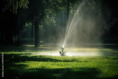  a sprinkler is spraying water on a green lawn in a park area with trees in the background and a light shining on the grass. generative ai