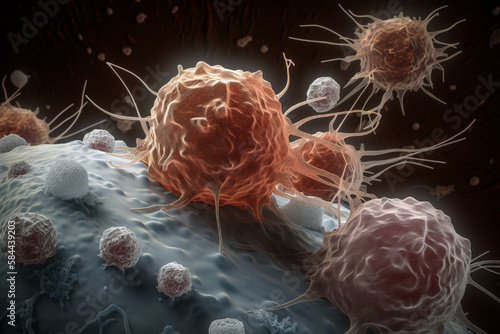 White blood cells attacking cancer cells, AI Generativea