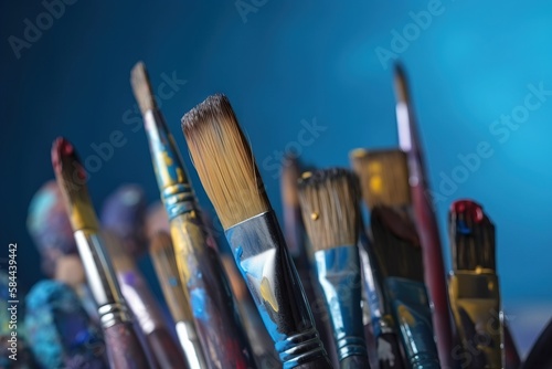  a close up of a bunch of paint brushes in a cup with a blue background in the back ground and a blue background in the back ground. generative ai