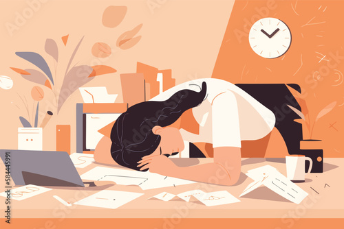 Tired woman employee lying on desk, head resting on hands, eyes closed, exhausted and overwhelmed with work. Vector illustration portrays burnout and negative effects of overworking