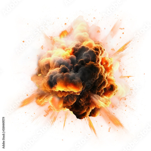 Realistic fiery explosion with sparks. Large fireball with black smoke isolated PNG cutout