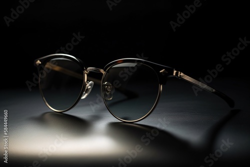  a pair of sunglasses sitting on top of a table next to a light reflecting off of the lens of the sunglasses on the table,. generative ai