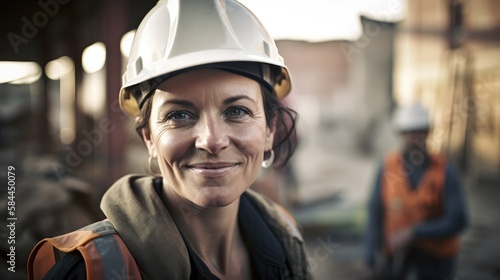 woman working on a construction site, construction hard hat and work vest, smiling, middle aged or older, Generative AI