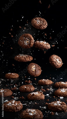 Chocolate cookies on dark background rotating randomly, generative ai