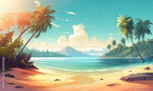 A beach with palm trees and mountains in the background, generative AI