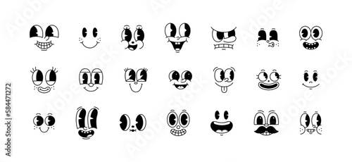 Funny retro cartoon character face drawing set on isolated background. Black and white vintage animation art style bundle. Trendy 50s mascot, facial expression graphic, mascot gesture sticker.